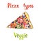 Pizza types, Veggie isolated on white hand painted watercolor illustration with inscription