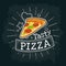 Pizza. Vector flat illustration with engraving rays, lettering, bubble