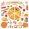 Pizza vector italian food with cheese and tomato in pizzeria or pizzahouse illustration set of baked pie from pizzaoven