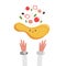 Pizzaiolo making tasty pizza with delicious ingredients. Colorful vector illustration