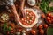 Pizzaiolo stretching out pizza dough on a wooden countertop, surrounded by fresh ingredients like tomatoes, basil, and mozzarella