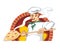 Pizzaiolo at work, pulls out the finished pizza from the stone oven with fire, vector icon illustration