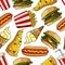 Pizzas, burgers, hot dogs, drinks seamless pattern