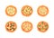 Pizzas with different toppings including Margherita, shrimp, bacon, onion, tomatoes. Top view. Vector illustration.