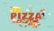 Pizzeria Bistro Website Landing Page, People Character Eating Huge Pizza, Cut with Knife, Put Ketchup and Cheese