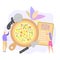 Pizzeria. Concept of a family pizza restaurant. Small people order food in a restaurant. Colorful vector illustration