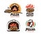Pizzeria logos. Set of vector badges with pizza. Labels for pizzeria, Italian cuisine restaurant of cafe