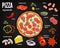 Pizzeria menu, pizza ingredients vector meal.