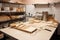 pizzeria prep station, with rolling pins and trays of fresh dough ready to be made into delicious pies