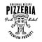 Pizzeria vector emblem, logo, badge or label with pizza piece cartoon character in vintage monochrome style isolated on