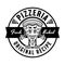 Pizzeria vector round emblem, logo, badge or label with pizza piece cartoon character in vintage monochrome style