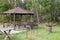 A place for barbecue and outdoor recreation. Table and benches under a canopy in the bosom of nature. Fresh air and calm