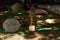 A place for meditation with a candle, glass ball, metal bowl