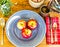 Place Setting With Apples, Flowers, Crockery and Brewed Coffee i