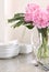 Place setting & white dishes, peonies