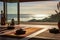 A place for yoga and meditation overlooking the ocean, sunset. Mental health concept