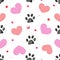 Plaid hearts with seamless black pattern with doodle paw prints. Happy Valentine`s day or Merry Christmas design fabric pattern