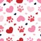 Plaid hearts with seamless black pattern with doodle paw prints. Happy Valentine`s day or Merry Christmas design fabric seamless p