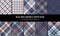 Plaid pattern collection in blue, orange, grey, white. Seamless tartan plaid graphics for flannel shirt, scarf, skirt, tablecloth.