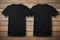 Plain blank black t-shirt mockup for front and back view on wooden background