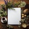 Plain blank paper mockup on table with leaves and flowers background