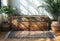 a plain room with plants and a wooden box, in the style of rug, digital minimalism, selective focus, symmetrical, white