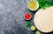 Plain Tortillas with Tomato Salsa, Guacamole and Fresh Parsley on Dark Background, Wheat Tortillas, Mexican Food