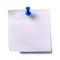 Plain white sticky post note with blue pushpin isolated