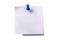 Plain white sticky post note with blue pushpin isolated background