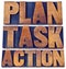 Plan, task, action word abstract in wood type