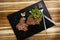 Plan view of Succulent and juicy rare beef steak, with watercress garnish