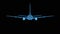 Plane 3d wireframe with thin blue lines. Aviation futuristic hologram on black background.