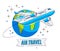 Plane airliner with earth planet and ribbon with typing, airline