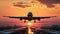 Plane Commercial Airliner Passenger Jet Landing Airport In Sunset