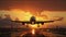 Plane Commercial Airliner Passenger Jet Landing Airport In Sunset