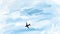 The plane flies along a trajectory on a blue watercolor sky background.