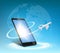 Plane flies around the smartphone. Buying avia e-ticket