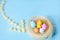 plane flies on blue background.yellow sweets. Direction sign for easter eggs. Spring and Easter are coming.Beautiful creative