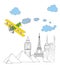 The plane flies over the world`s sights. concept of travel. vector illustration.