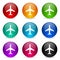 Plane, flight, airplane vector icons, set of colorful glossy 3d rendering ball buttons in 9 color options