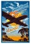 Plane fly over the tropical island with palms and bungalow, in sunset, against the sun, view from the bottom. Vector vintage illus