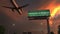 Plane flying above WELCOME TO BELGIUM road sign at night. 3d rendering