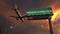 Plane flying above WELCOME TO NEW YORK road sign in the evening