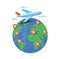 Plane flying. Earth and Pins. Travel flat design vector illustration