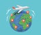 Plane flying. Earth and Pins. Travel, journey flat design vector illustration