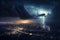 Plane flying during thunderstorm, lightning strikes near passenger airplane, generative AI