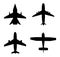 Plane icon. Jet in air. Airplane for travel, cargo, commercial flight. Silhouette of aircraft. Aeroplane fly from airport. Set of