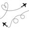 Plane icon set. Two airplane flying. Dash line heart round loop in the sky. Black silhouette shape. Travel trace. Happy Valentines