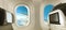 Plane interior with window and seats banner panorama background for advert. Airplane cabin view of wing during flight