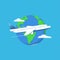 Plane jet on background planet earth. Icon airplane. Concept travel, vacation, air transportation.